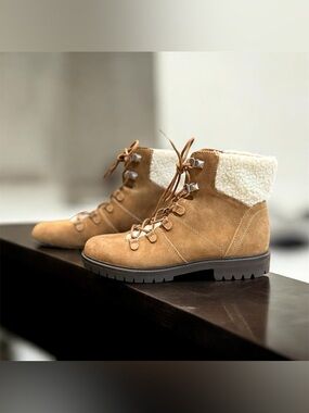 Marc Fisher Tan Suede Lace-Up Hiking Boots with Shearling Collar